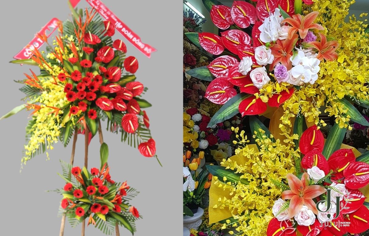 Lẵng hoa màu đỏ vàng 2 tầng đẹp