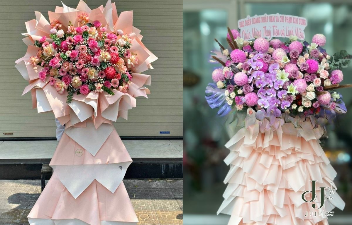Kệ hoa mẫu đơn và hoa hồng mix đẹp