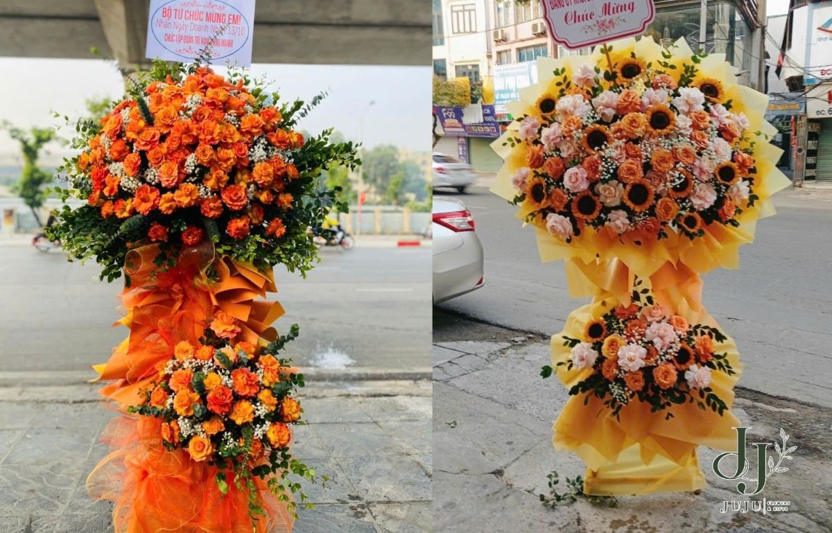 Lẵng hoa cao 2 tầng màu cam đẹp